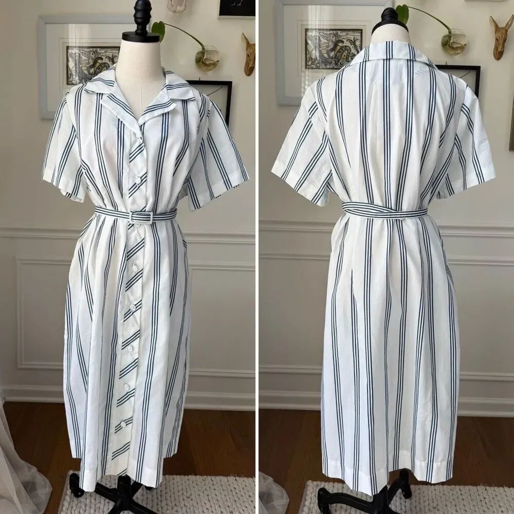 Vintage 70s British Lady House Dress White Blue Stripe 22 2X 3X